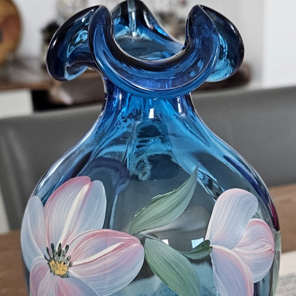 Vintage Fenton Twilight Blue hand-painted glass vase with floral motif